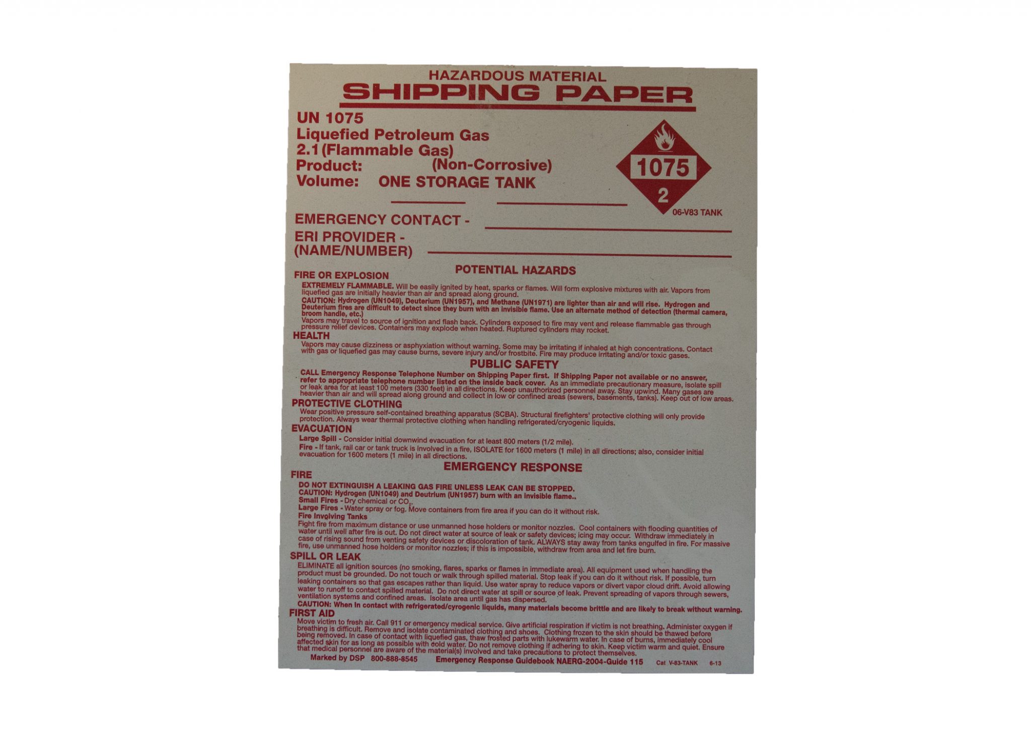 1075 TANK SHIPPING PAPERS / ONE TANK